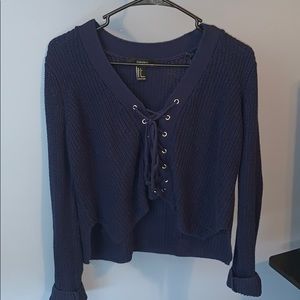Navy blue cropped tie up sweater